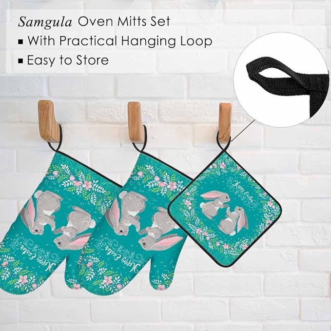 Easter Oven Mitts and Pot Holders Sets Cute Rabbits Floral Wreath Heat Resistant 3pcs for Cooking Baking BBQ