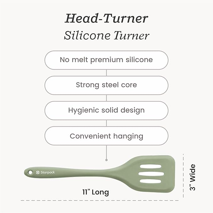 Starpack 'Head Turner' Premium Silicone Turner Spatula, Slotted Spatula - Up-to 600°F High Heat Resistant Silicone Slotted Spatulas for Cooking, LFGB Grade Non Stick Rubber Turner Spatula - 10"