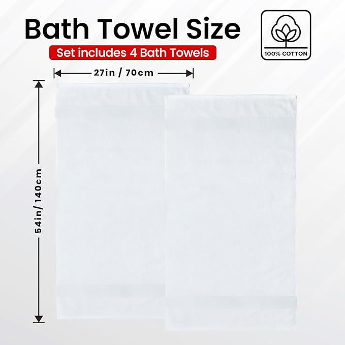 Infinitee Xclusives Luxury 100% Ring-Spun Cotton White Bath Towels Set of 4 (27x54 inches) – Soft, Absorbent & Quick-Drying Towels for Bathroom, Gym, Spa & Hotel Use (Brilliant White, Bath Towels)