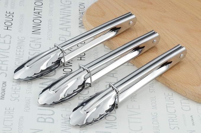 HINMAY Mini Stainless Steel Food Tongs with Silding Rings 7-Inch - Set of 6 - Small Clam Shell Service Tongs for Serving Appetizers, Desserts, Salads, Barbecue and Cooking (Silver)