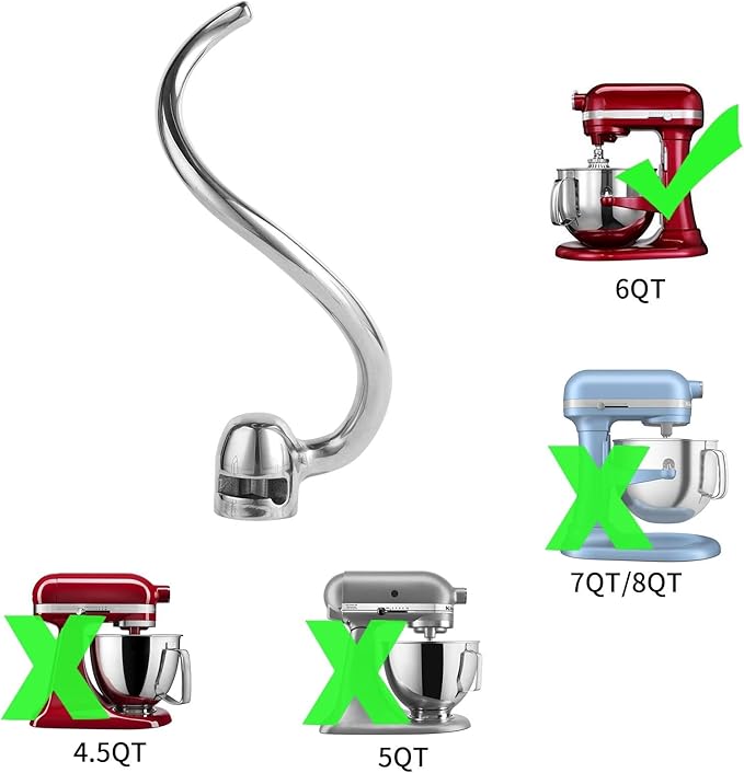 Stainless Steel Spiral Dough Hook Compatible with KitchenAid 5 Plus-6QT Mixer,Bowl Lift Stand Mixer Accessory, Rust Resistant, Effectively Kneads Bread,Pizza,Pasta and Biscuits,Dishwasher Safe
