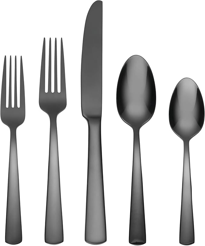 Oneida Silverware Set, Aptitude Glossy Midnight 20-Piece Flatware Set, Service For 4, 18/0 Stainless Steel, Knife Spoon And Fork, Dishwasher Safe, Utensils, Kitchen and Dining (Black, 20 Pieces)