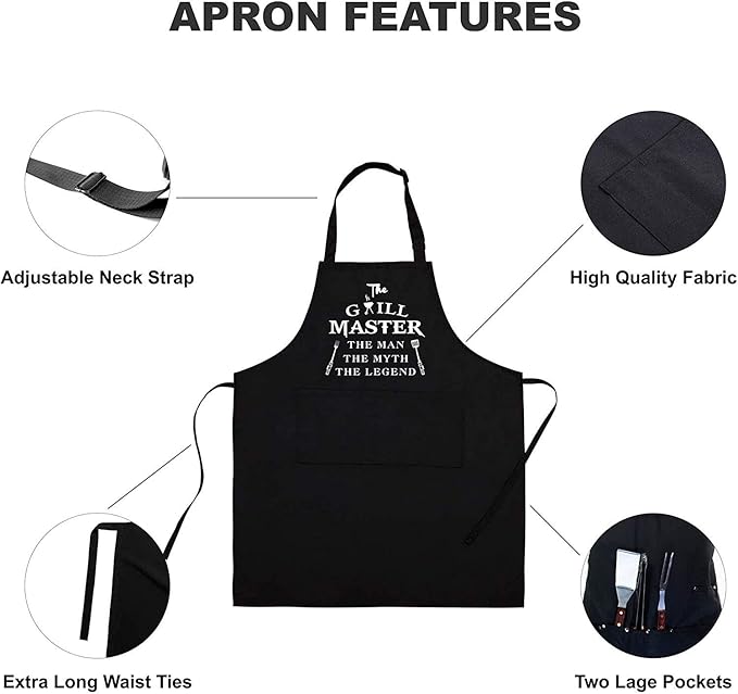 Rosoz Funny Aprons for Men - The Grill Master, The Man The Myth The Legend - Cooking Grilling BBQ Chef Apron for a Husband, Dad Gifts, Waterproof Oil Proof Black Apron with 2 Pockets