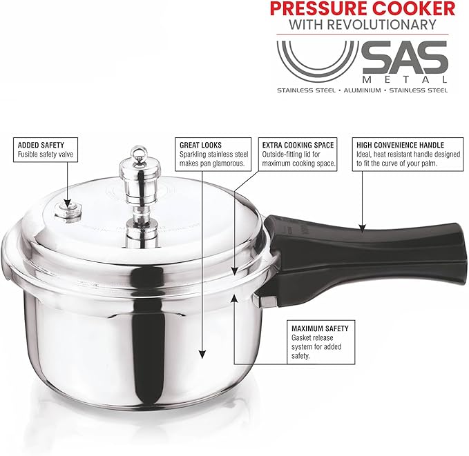 Vinod Platinum Triply Stainless Steel Outer Lid Pressure Cooker -68 oz , Induction Friendly, ISI Certified, Small Pressure Cooker for Quick Meals, Silver