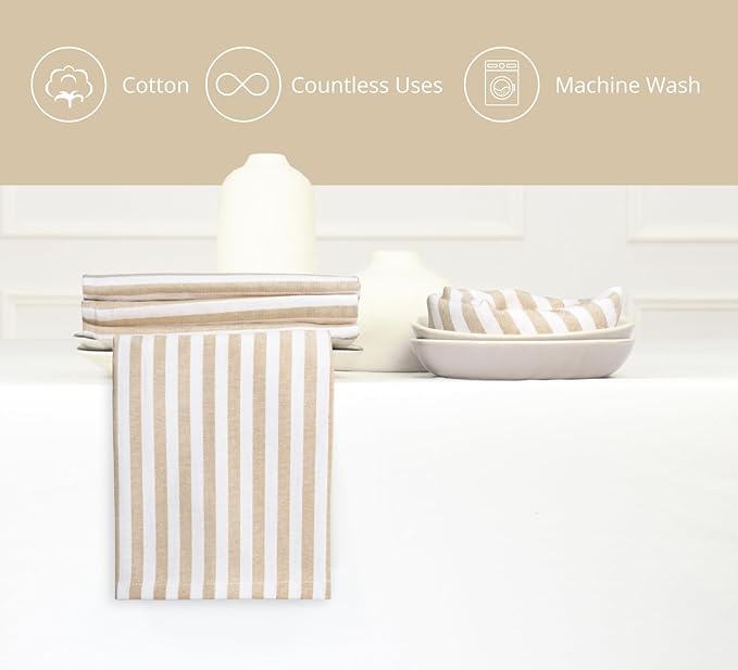 PurpleEssences Plain Striped Cloth Napkins - Set of 12-100% Cotton - 18 x 18 Inch - Spring Easter Summer and Perfect Everyday Use Dinner Napkin - Beige and White