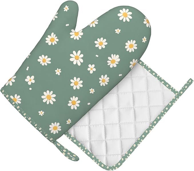 Oven Mitts and Pot Holders Daisy Flower Green Silicone Kitchen Accessories Set of 2 Heat Resistant Long Gloves Potholder Non-Slip Grip for Chef Cooking Baking Grilling BBQ