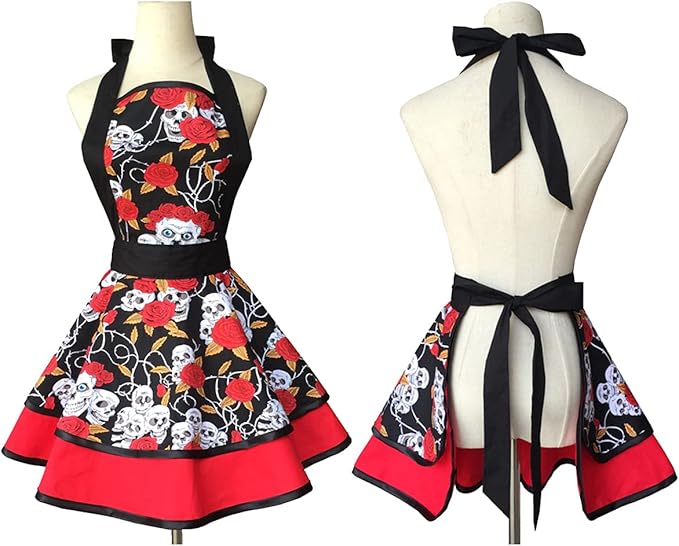 Hyzrz Halloween Costume Skull Skeleton Bones Featured Retro Aprons for Women Girls Cake Kitchen Cook Apron (Skull head)