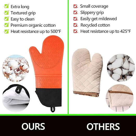 Silicone Oven Mitts and Pot Holders Set, MTZRFLL Extra Long Heat Resistant Oven Gloves with Hot Pads and Mini Oven Mittens for Grilling, Kitchen Cooking Baking, Soft Quilted Lining, Pack of 6 (Orange)
