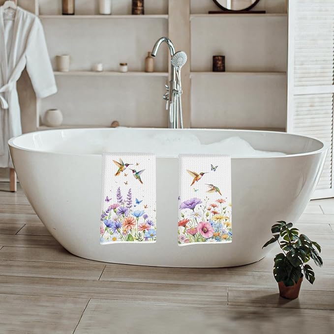 2 Pcs Vibrant Floral Kitchen Towels, Spring Bird Decorative Absorbent Microfiber Dish Cloth Tea Towel, Waffle Soft Hand Towels for Farmhouse Home Bathroom Decor, Housewarming Gifts