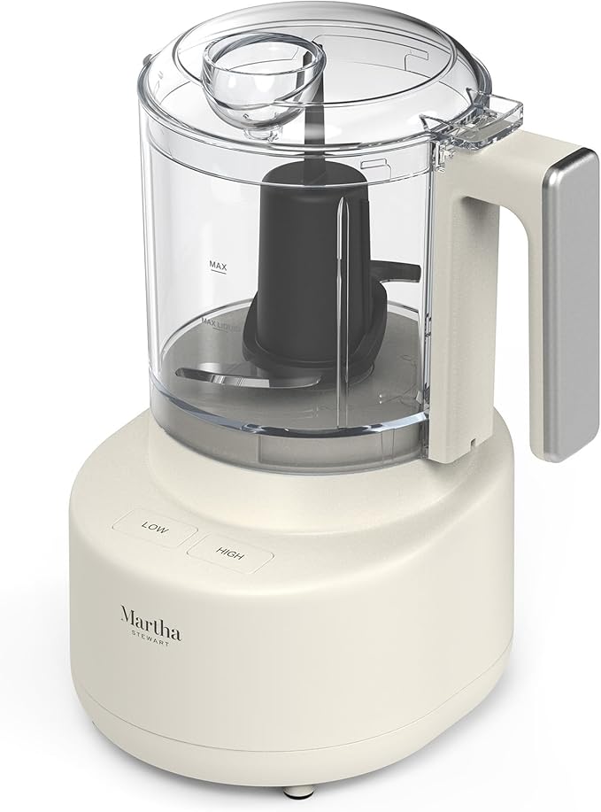 Martha Stewart 3 Cup Food Processor, Electric Vegetable Chopper, Stainless Steel Blades, 24oz BPA-Free Bowl, Pour Spout, Dicing, Mincing, Chop & Puree, Dishwasher Safe, Oil Chute, Easy-Clean, Linen