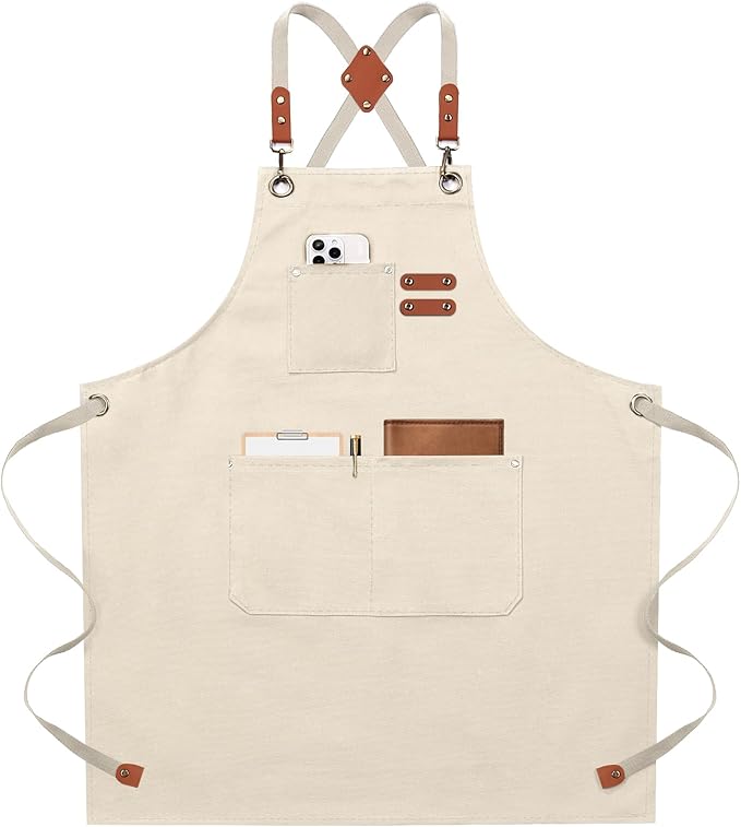 ZOMAO Chef Apron for Women Men with Large Pockets, Cotton Canvas Cross Back Waterproof Work Aprons for Kitchen Cooking Bib
