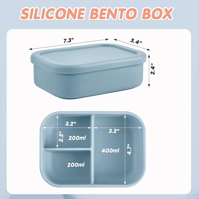 Layhit 1 Pcs Silicone Bento Box for Adults, 27 oz Bento Lunch Container Reusable 3 Compartment Lunchable Food Container for Women Men, Leak Proof Microwave Dishwasher Freezer Safe (Gray Blue)