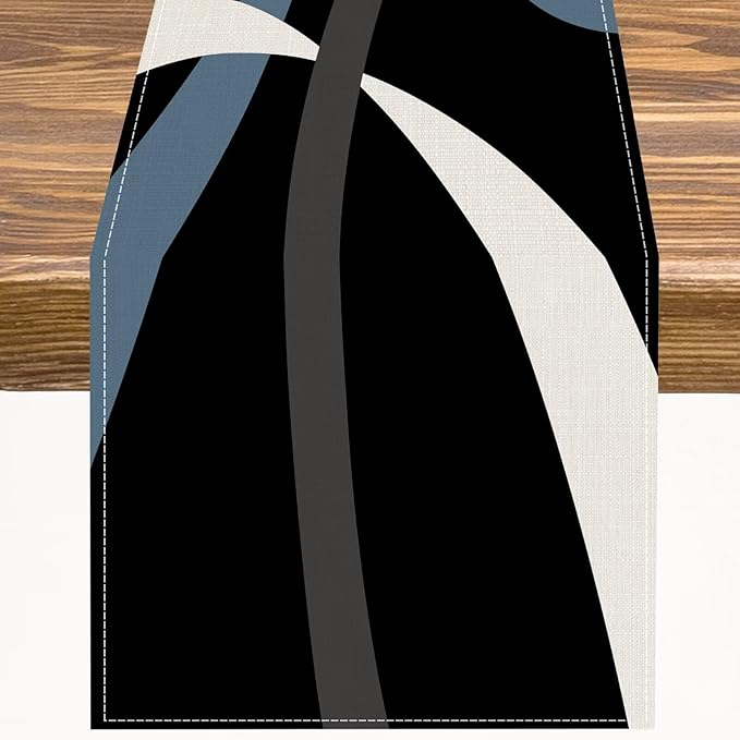 Abstract Geometric Table Runner Modern Blue Grey White Striped Black Background Kitchen Dinner Runner for Indoor Home Living Room Party Dining Table Decoration 13"x36"
