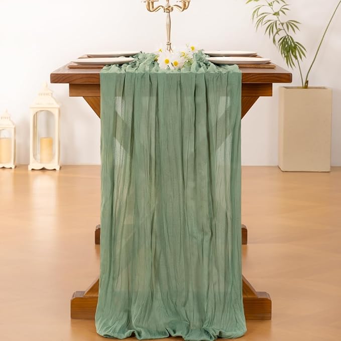 Socomi 15pcs Sage Green Cheesecloth Table Runner Fall Thanksgiving Boho Rustic Gauze 120 inch 10FT Cheese Cloth Runner for Wedding Party Baby Shower Home Decor Holiday Decorations