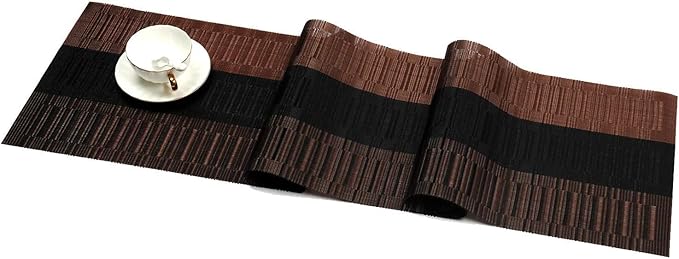SHACOS Table Runners Woven Vinyl PVC Table Runner 12 x 36 inch Wipe Clean Bamboo Weave Countertop Table Decor Mats Indoor Outdoor, Ombre Coffee Black