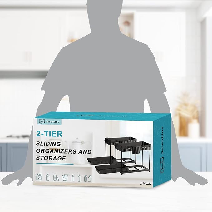 Sevenblue 2 Pack Multi-Purpose Under Sink Organizers and Storage, 2026 Pull Out Cabinet Organizer for Bathroom & Kitchen, Under Cabinet Organizer with Hooks Hanging cup, Black