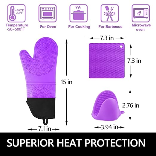 Silicone Oven Mitts and Pot Holders Sets, MTZRFLL Extra Long Heat Resistant Oven Gloves with Hot Pads and Mini Oven Mits Set for Kitchen Cooking Baking, Soft Quilted Lining, Pack of 6 (Purple)