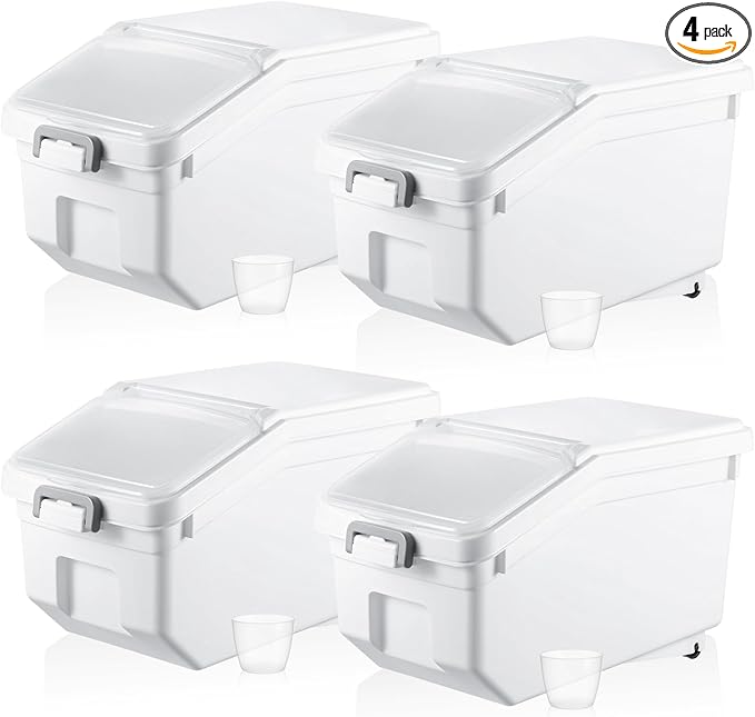 Sunnyray 4 Pcs Rice Storage Containers Bulk Flour Sugar Container Wheels Measuring Cups Set Airtight Pet Dog Cat Birds Food Bin Grain Cereal Organizer Box for Dry Baking(White,22 lb)