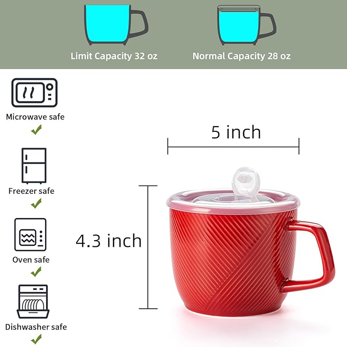 Ceramic Soup Bowl with Lid & Handle: 32 oz Microwave Safe Food Container for Ramen Noodles Cereal Leftovers - Extra Large Mugs for Breakfast Lunch Picnic Camping - Red, Set of 2