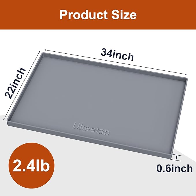 ukeetap Extra Thick Silicone Mat Waterproof with Raised Edge 34" x 22", Under Sink Mat for Kitchen & Bathroom, Kitchen Cabinet Liner, Multi-Purpose for Storage & Protection, Gray