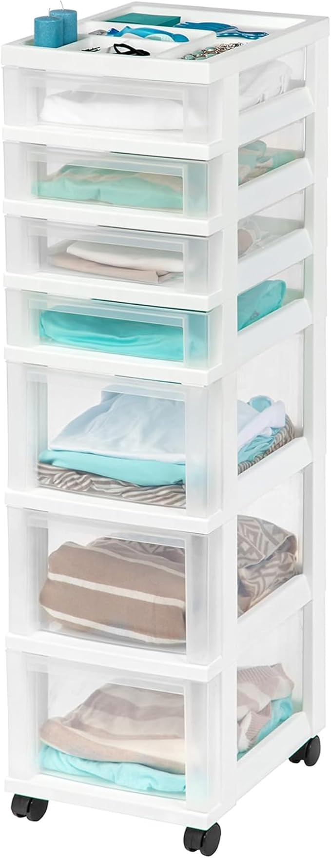 IRIS USA Plastic Drawer Storage Organizer Rolling Cart, 2-Pack, with Wheels Casters, 7-Drawers, for Art Craft Supplies Bathroom Dorm Bedroom Laundry Room, White/Clear