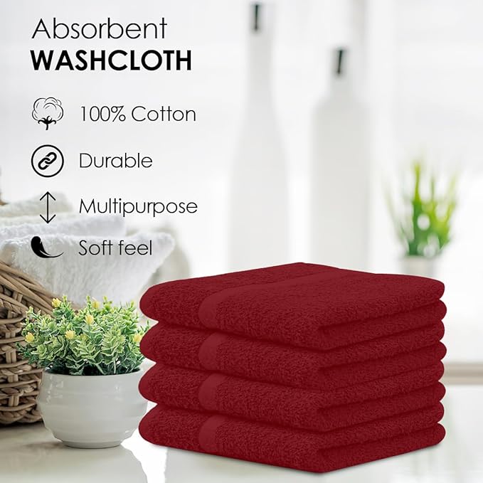 Avalon Towels Cotton Washcloths 24-Pack – 12 x 12 Inch Red Super Soft & Absorbent Ring-Spun Cotton Wash Cloths for Face, Bath, Spa, Gym, Hotel & Cleaning