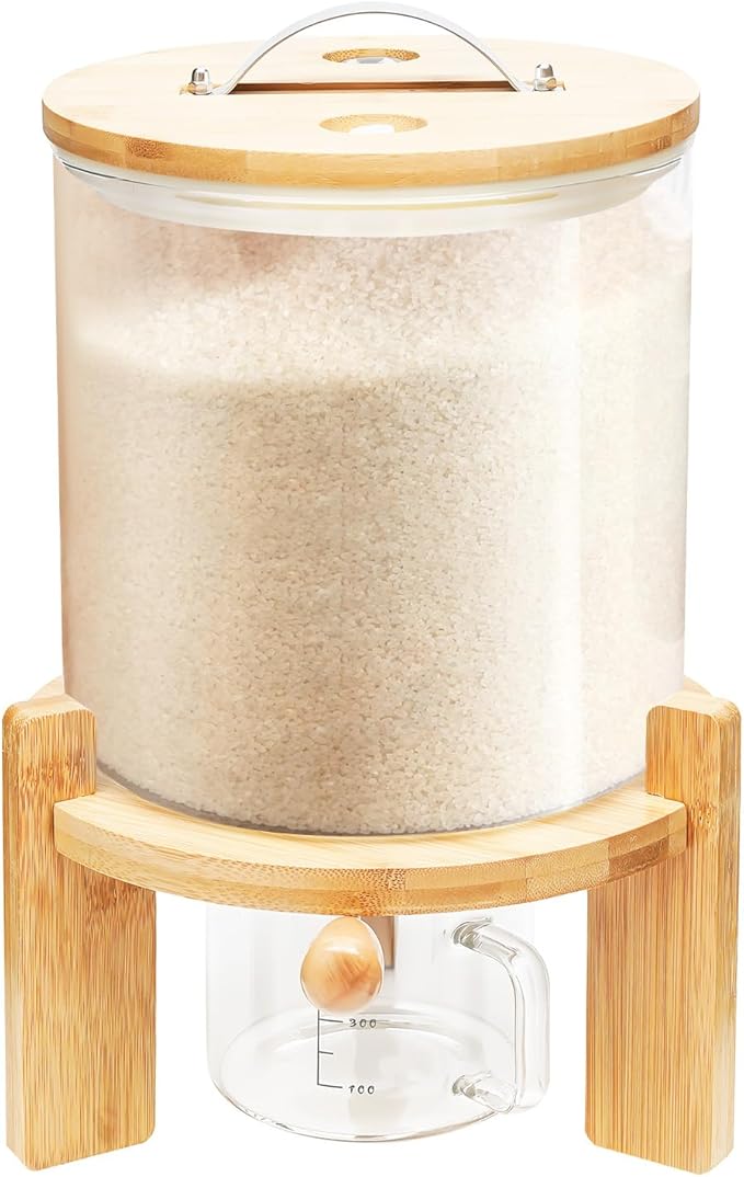 Rice Dispenser, 5L Glass Rice Container Cereal Container with Bamboo Stand Large Food Storage Container Flour Organization with Airtight Lid & Measuring Cup for Grain Legumes (5L)