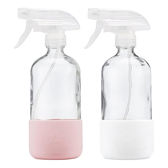 Clear Glass Spray Bottle with Silicone Sleeve for Cleaning Solutions, Essential Oils, Plants, Vinegar - 16 oz, Refillable, Food Safe (2-PACK: Blush Pink & Pure White)