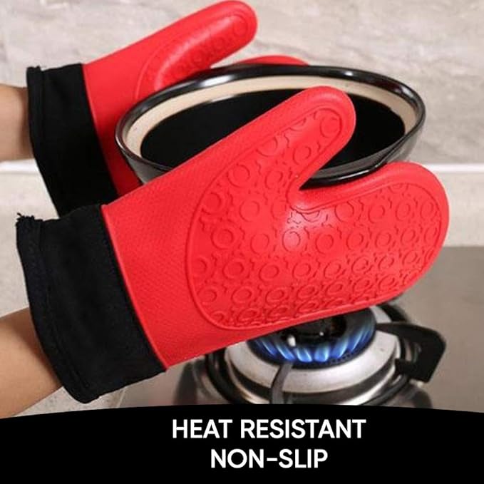 2PCS Red Black Professional Extra Large Silicone Oven Mitts and Pot Holders Oven Gloves Heat Resistant Gloves Kitchen Mittens BBQ Holders for Cooking Grill Rubber for Cooking