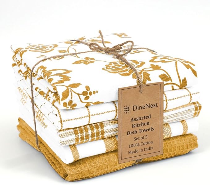 Assorted Kitchen Towels 100% Cotton 16x26 Inch - Super Absorbent, Soft & Quick Drying, Multi-Purpose for Drying & Cleaning, Ideal for Kitchen & Home Use, Set of 5 Low-Lint Dish Towels Yellow
