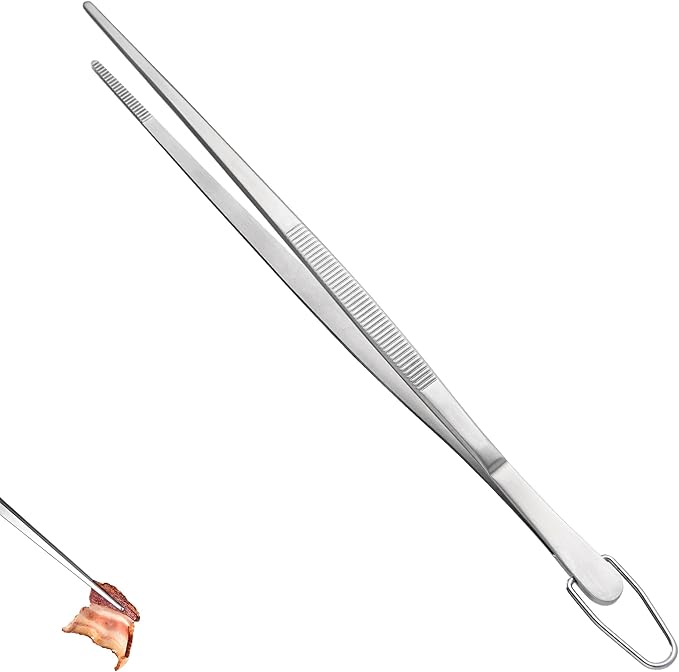U-Taste 12in Long Kitchen Cooking Tweezer: 18/8 Stainless Steel Food-Grade Metal Food Tong, Flexible Pinching, Seamless-Welding, Sturdy and Non-Slip for Serving, Grilling, Frying, Baking (Pointed Tip)