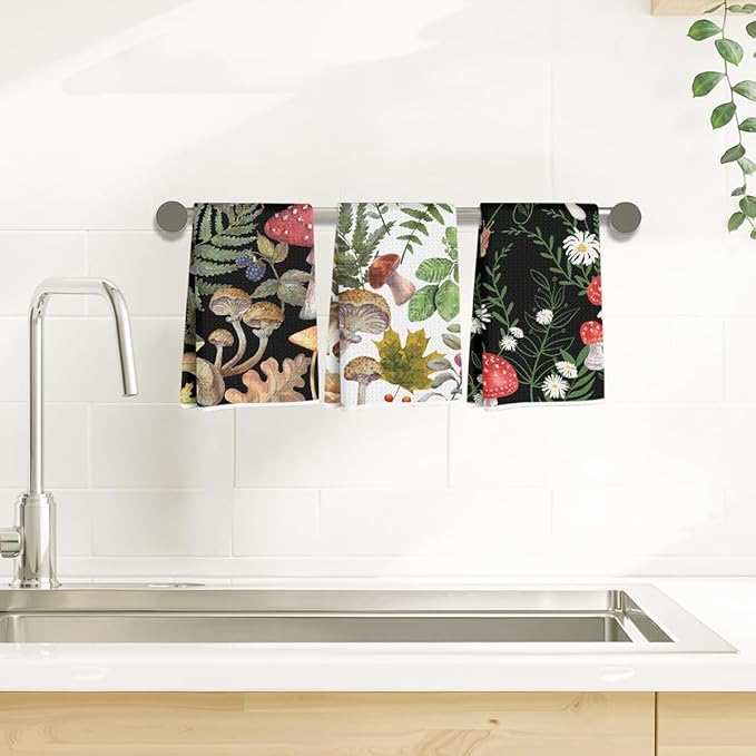 3Pcs Mushroom Kitchen Towels 24x14 Inch, Absorbent Microfiber Dish Towels, Snail Floral Waffle Weave Hand Tea Towels for Kitchen Home Bathroom Farmhouse Decor, Cute Mushroom Gifts for Women Mom