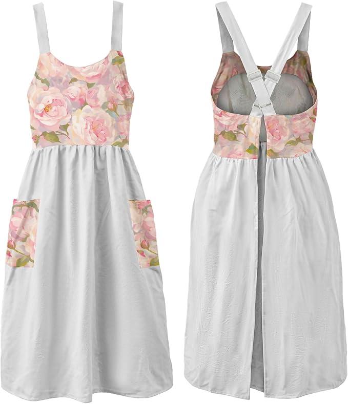 Uaussi Cotton Linen Apron Cross Back Work Apron for Women with Pockets Pinafore Dress X Cross Halter Apron for Chef Gardening
