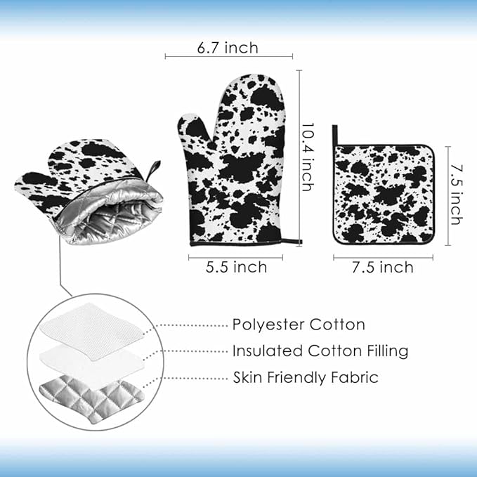 Black Brindle Oven Mitts and Pot Holders Sets Milk Cow Skin Spots Creative Heat Resistant 3pcs for Cooking Baking BBQ