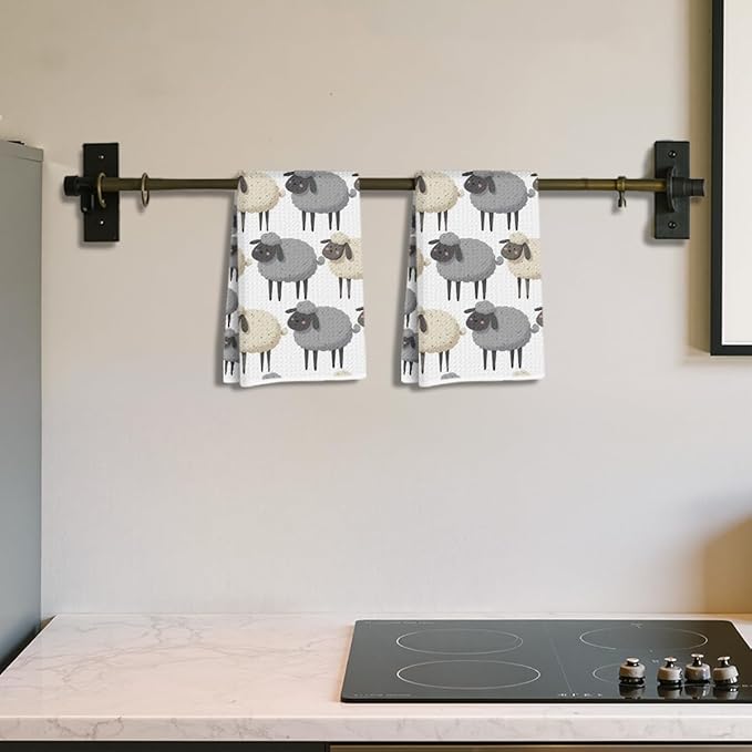 2 Pcs Sheep Kitchen Towels, White Sheep Soft Absorbent Tea Hand Towel, Microfiber Dish Cloths for Drying Dishes, Waffle Dish Towels for Kitchen Bathroom Home Decor, Farmhouse Gifts for Women Mom