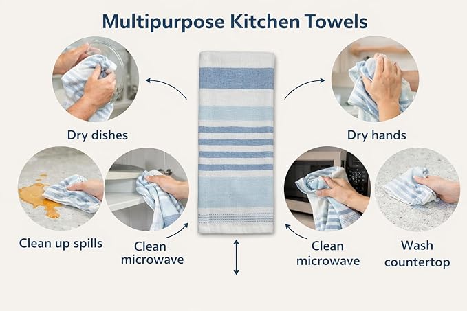 Serafina Home Blue White Kitchen Hand Dish Towels: Oversized 28" x 16",100% Cotton Cloth Soft Cleaning Drying Absorbent Striped Design, Set of 3 Multipurpose for Everyday Use (Blue Monica)