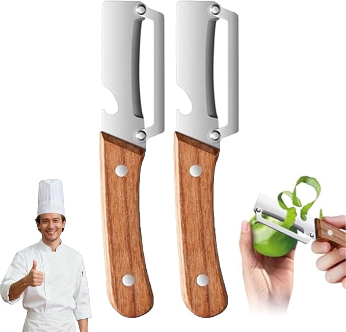 Zero Wooden Kitchen Tool, Multifunctional Vegetable Peeler, Stainless Steel Sharp Blades Carrot Potato Peeler with Wooden Handle and Bottle Opener Kitchen Tool (2Pcs)