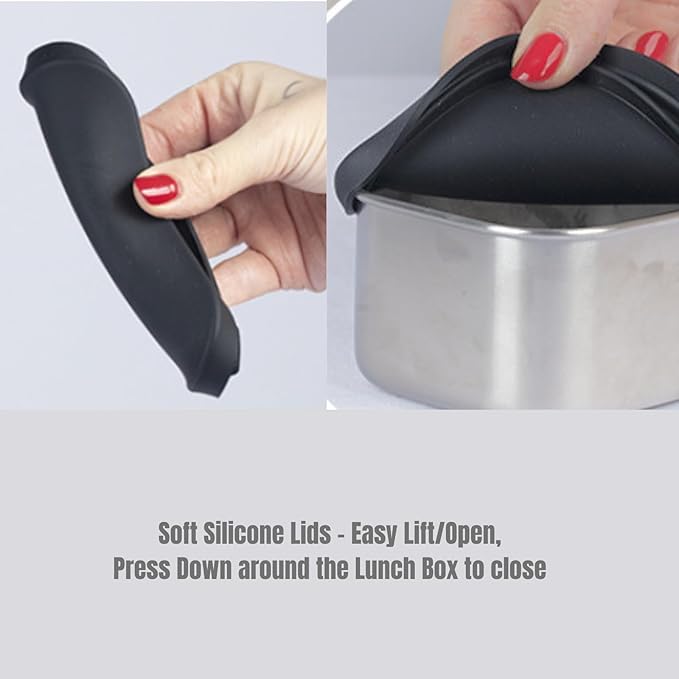 Modaniam Flexibento - Leak proof Stainless Steel Bento Box | Stainless steel Snack Containers | Food Containers with Silicone Lids | Metal Food Containers| Bentobox - Black, 52 Oz Set (set of 5)