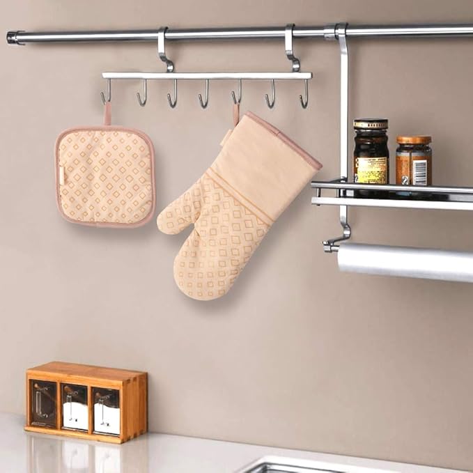 Set of 4 Oven Mitts and Pot Holders, 482 F Heat Resistant Hot Plate Moving Non-Slip Gloves for BBQ, Grill, Baking, Cooking, Oven, Microwave (Beige)