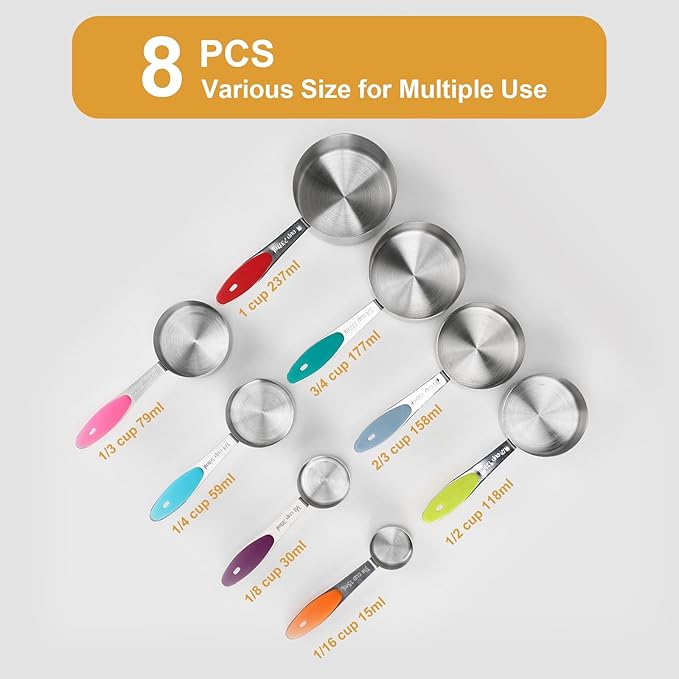 Stainless steel measuring cup set, consisting of 8 cups, suitable for cooking and baking.