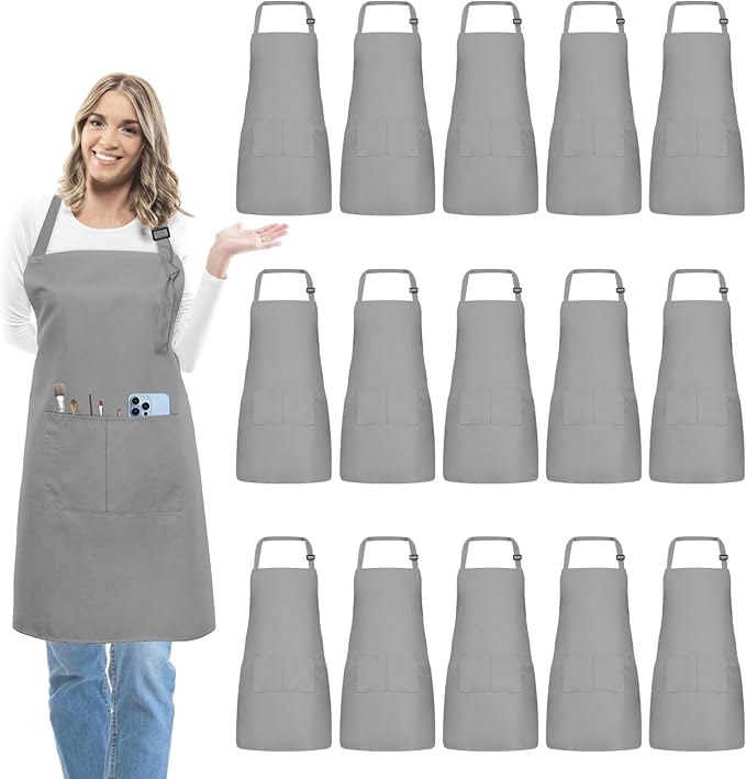 15 Pcs Adult Aprons Bulk with Pockets Adjustable Bib Chef Apron for Women Men Painting Cooking Crafting (S/L)