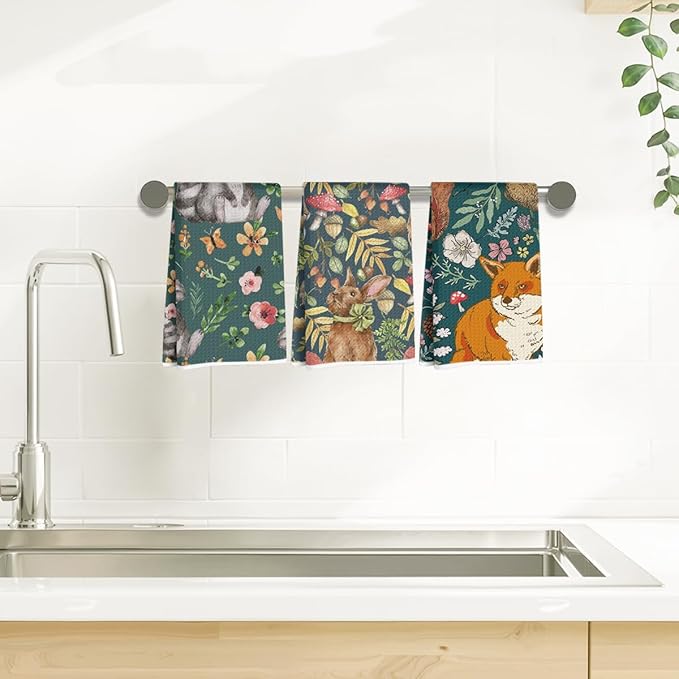 3Pcs Animal Flower Kitchen Towels, Fox Bunny Microfiber Dish Cloth Tea Towel, Reusable Waffle Hand Towels for Bathroom kitchen Home Farmhouse Decor, Raccoon Gifts for Women Mom Friend, 24x14 Inch