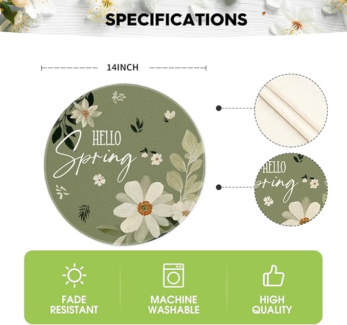 Artoid Mode Olive Green Hello Spring Daisy Round Spring Placemats Set of 4, 14 Inch Seasonal Holiday Table Mats for Party Kitchen Dining Decoration
