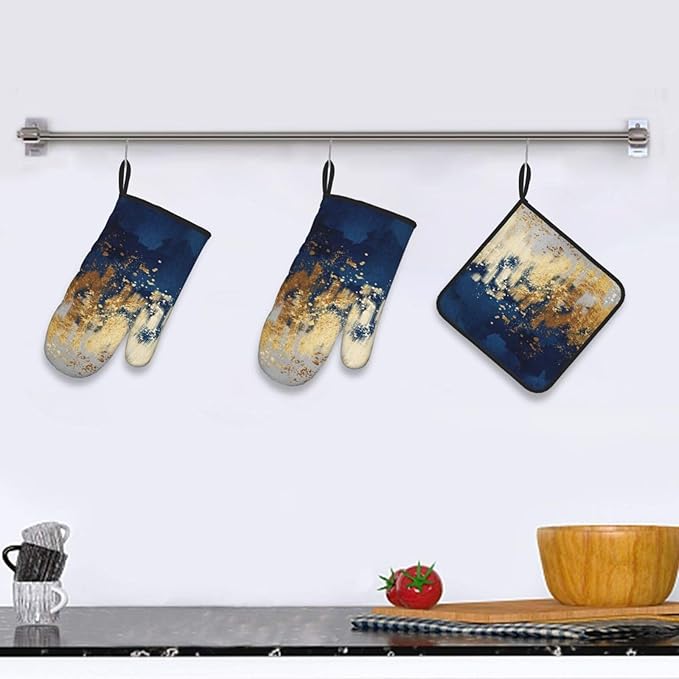 Blue and Gold Watercolor Abstract Oven Mitts and Pot Holder Sets of 3, Non-Slip Heat Resistant Decor Navy Kitchen Gloves with Hanging Loop for Cooking Baking Grilling, Kitchen Gifts for Cooking Lover