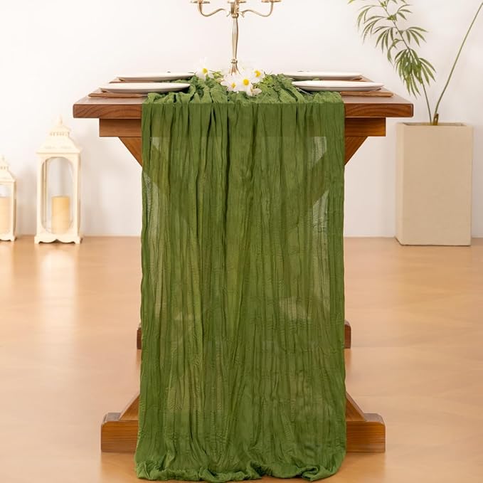 Socomi 6pcs Campsite Green Easter Spring Cheesecloth Table Runner Boho Rustic Gauze 120 inch 10FT Cheese Cloth Runner for Wedding Party Baby Shower Birthday Home Decor Holiday Decorations