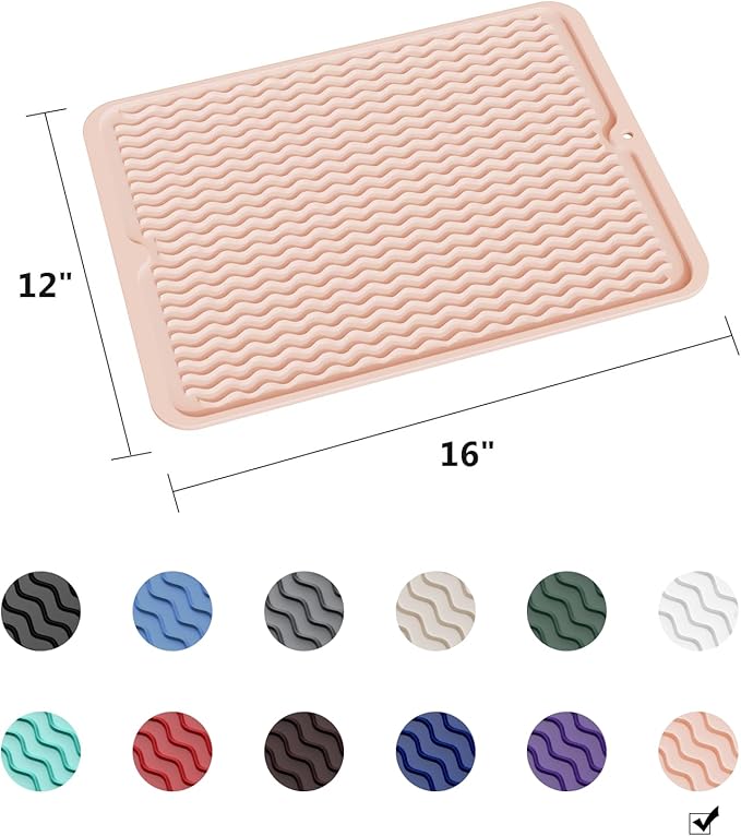 ZLR Silicone Dish Drying Mat & Heat Resistant Trivet (12" x 16") - Waterproof Counter Protector for Air Fryer, Coffee Maker - Non-Slip, BPA Free Kitchen Pad, Easy Clean Dishwasher Safe (Peach Pink)