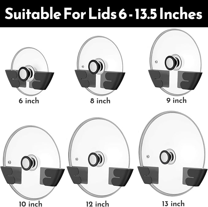 Niceyos Universal Adjustable Pot Lid Organizer for Cabinet - Upgraded Patented Set of 8 Pan Lids Organizers Inside Cabinet Door Wall Mount Pots Top Holder for Kitchen Cupboard, Fits 6" to 14" (Black)
