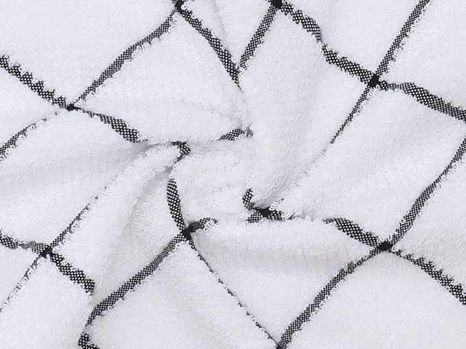 Cotton Terry Kitchen Dish Cloths, Soft Absorbent Tidy Kitchen Dish Towels (Black Grid, Dish Cloths 13 x 13 in)