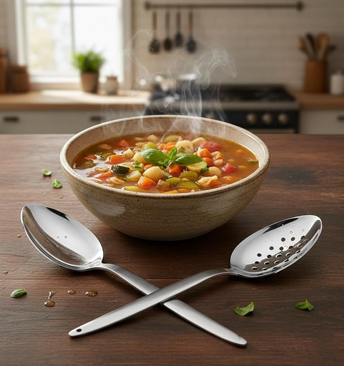 Kunz Perforated and Regular Set | Pack of 2 | 9 Inch 18/10 Stainless Steel Cooking Serving Spoon | Daily Chef, Basting, Quenelle, Saucing, Plating Spoon | Dishwasher safe