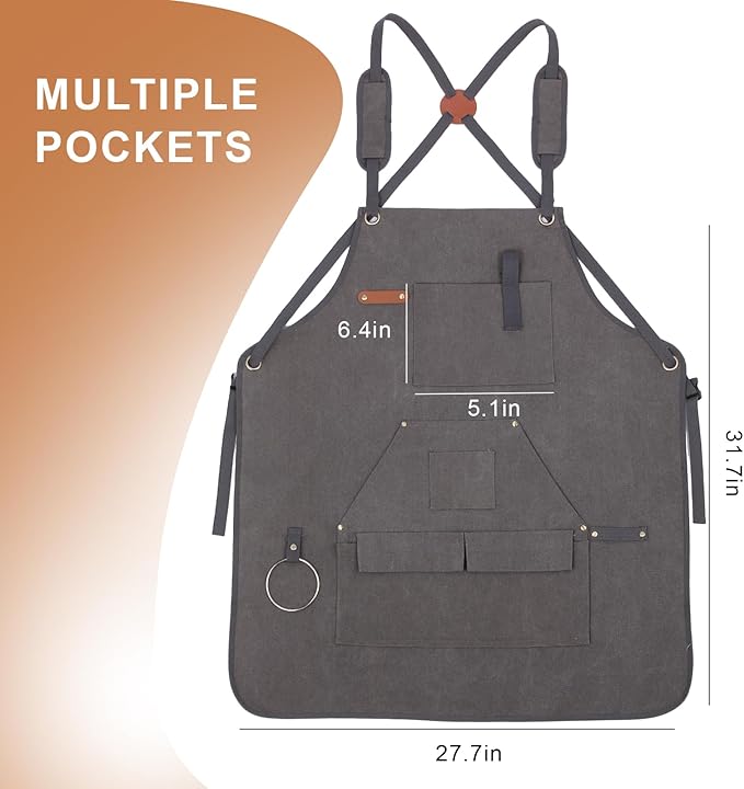 Men's Canvas Tool Apron, Heavy Duty Multi-Pocket Work Apron for Woodworking Gardening Bartender Adjustable Straps